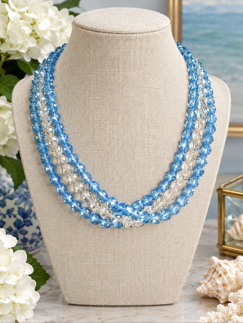 Triple Strand Faceted Clear Glass & Light Blue Beaded Vintage CLASP Necklace EUC